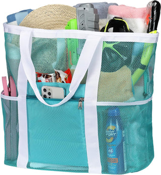 Large Mesh Beach Bag with 9 Pockets – F-Color Family Tote for Beach, Pool, Cruise & Travel Essentials
