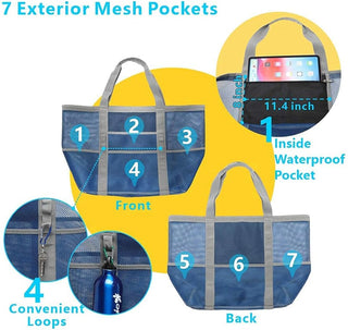 Large Mesh Beach Bag with 9 Pockets – F-Color Family Tote for Beach, Pool, Cruise & Travel Essentials