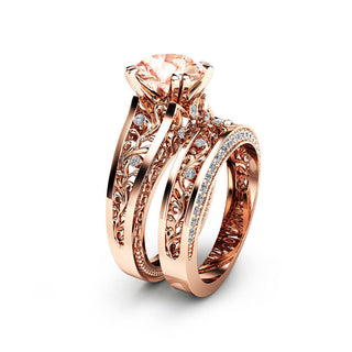 14K Rose Gold Plated Champagne Morganite CZ Halo Engagement Ring Set Bridal Wedding Band Women