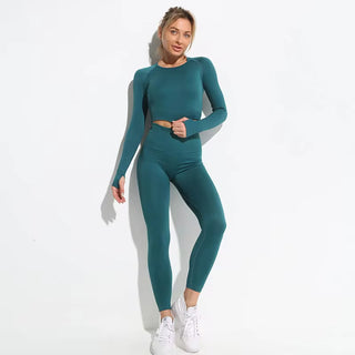 Hyperflex Seamless 2-Piece Athletic Set: Long Sleeve Crop Top & High-Waist Leggings