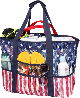 Large Mesh Beach Bag with 9 Pockets – F-Color Family Tote for Beach, Pool, Cruise & Travel Essentials