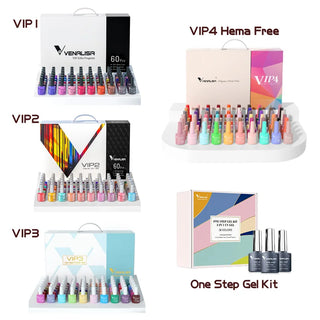 Gel Nail Polish 7.5ml Set VIP4 - Hema-Free Soak Off Base and No Wipe Topcoat - UV LED Varnish Kit