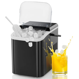 Portable Ice Maker - Produces 9 Ice Cubes in 6 Minutes, 26 lbs Daily Capacity, Auto-Clean Feature with Basket and Scoop for Home, Kitchen, RV, and Camping - Black