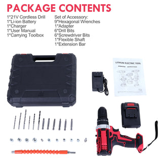 21-Piece Cordless Drill Set with 21V Lithium-Ion Battery Electric Screwdriver for Versatile Repair Tasks