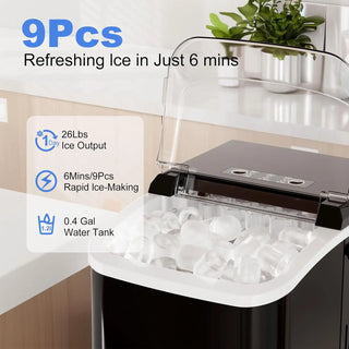Portable Ice Maker - Produces 9 Ice Cubes in 6 Minutes, 26 lbs Daily Capacity, Auto-Clean Feature with Basket and Scoop for Home, Kitchen, RV, and Camping - Black