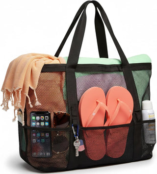 Large Mesh Beach Bag with 9 Pockets – F-Color Family Tote for Beach, Pool, Cruise & Travel Essentials