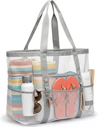 Large Mesh Beach Bag with 9 Pockets – F-Color Family Tote for Beach, Pool, Cruise & Travel Essentials