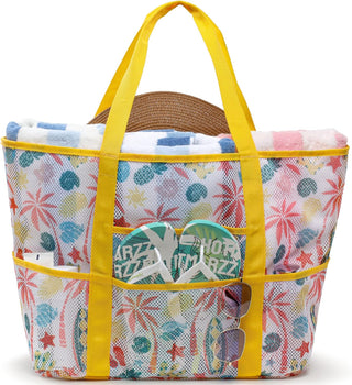 Large Mesh Beach Bag with 9 Pockets – F-Color Family Tote for Beach, Pool, Cruise & Travel Essentials