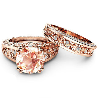 14K Rose Gold Plated Champagne Morganite CZ Halo Engagement Ring Set Bridal Wedding Band Women