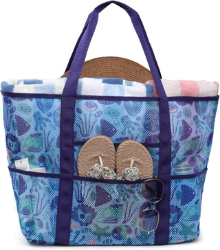 Large Mesh Beach Bag with 9 Pockets – F-Color Family Tote for Beach, Pool, Cruise & Travel Essentials