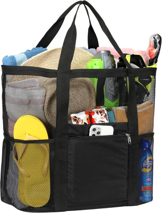 Large Mesh Beach Bag with 9 Pockets – F-Color Family Tote for Beach, Pool, Cruise & Travel Essentials