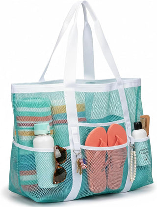 Large Mesh Beach Bag with 9 Pockets – F-Color Family Tote for Beach, Pool, Cruise & Travel Essentials