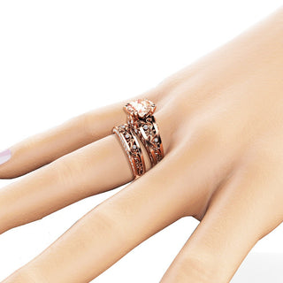 14K Rose Gold Plated Champagne Morganite CZ Halo Engagement Ring Set Bridal Wedding Band Women